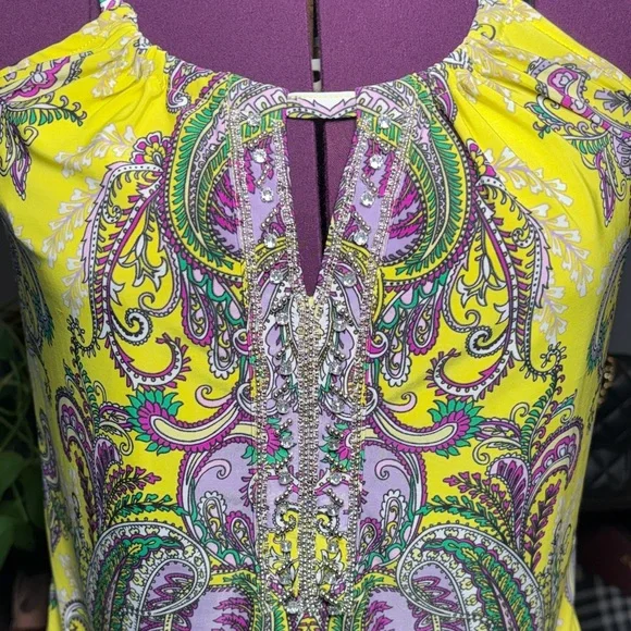 INC International ConcepWomen's Yellow Paisley Halter Tank Top Elastic Waistband - Picture 3 of 9